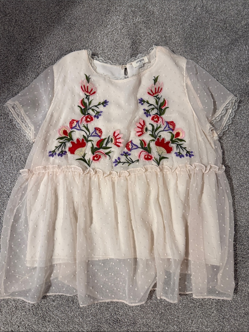 Umgee Pink Sheer Dot Peplum Top with Floral Embroidery